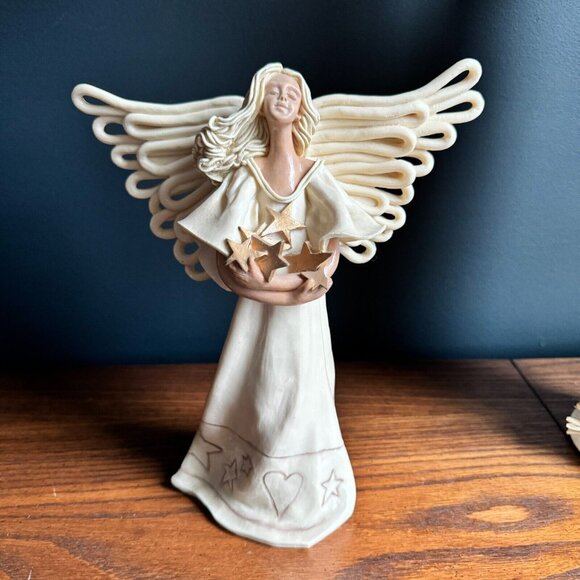 Angel Figurine 8" Tall Porcelain Pottery with Stars on Hands - Heavenly Decor - Picture 2 of 4